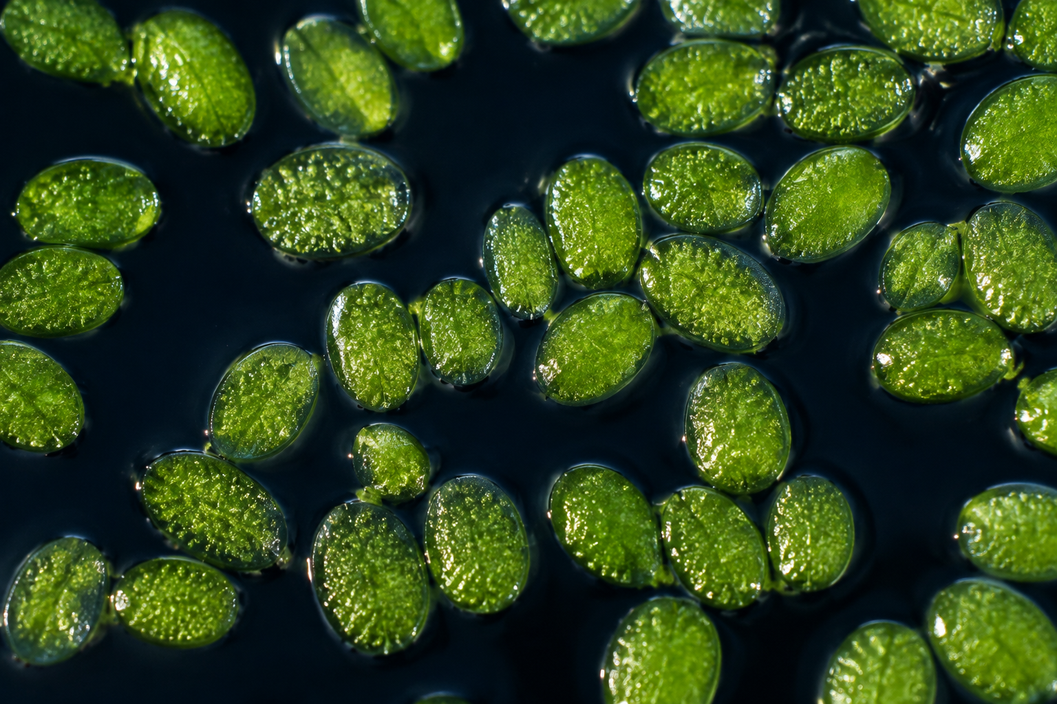 Makroaufnahme ausgewachsener, ovaler und wurzelloser Wolffia globosa auf dunklem Wasser